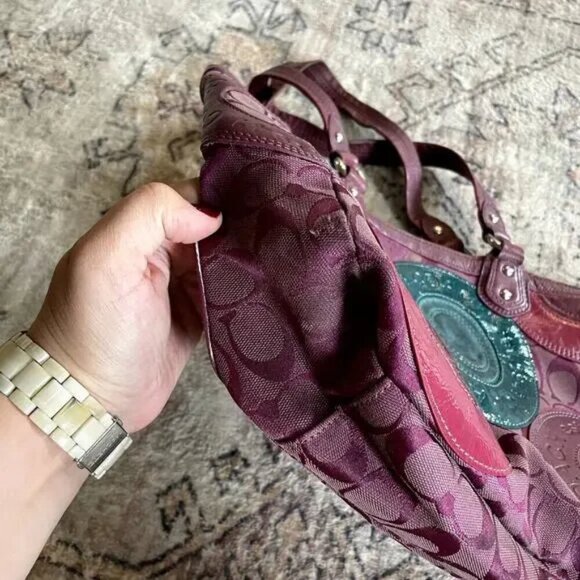 Coach East West Circle Patchwork Zip Tote Shoulder Bag Purple Leather Canvas - Picture 9 of 12